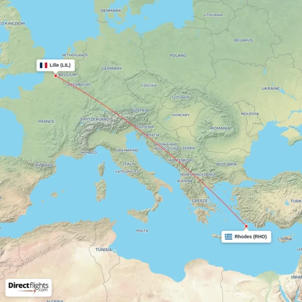 Lille - Rhodes direct flight map