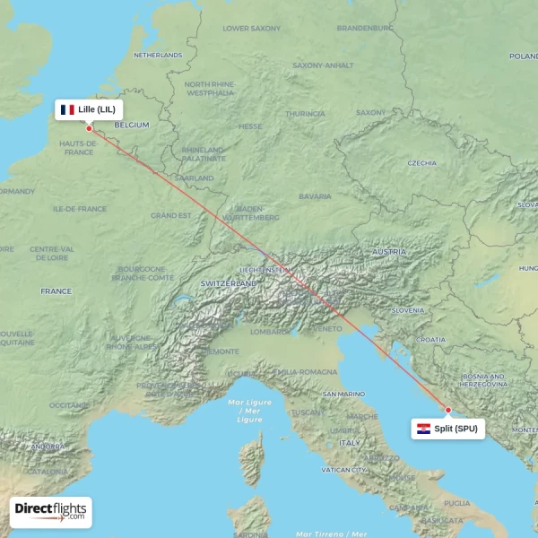Lille - Split direct flight map