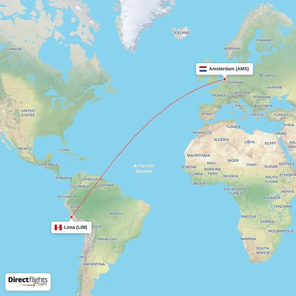 Lima - Amsterdam direct flight map