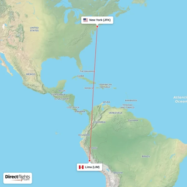 Lima - New York direct flight map
