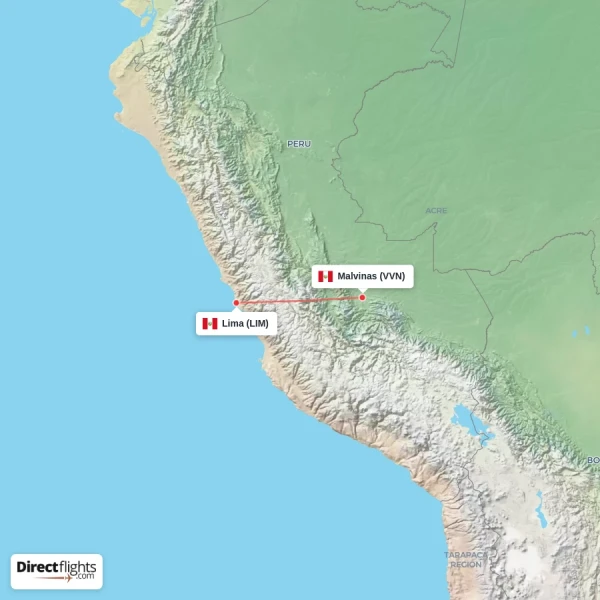 Lima - Malvinas direct flight map
