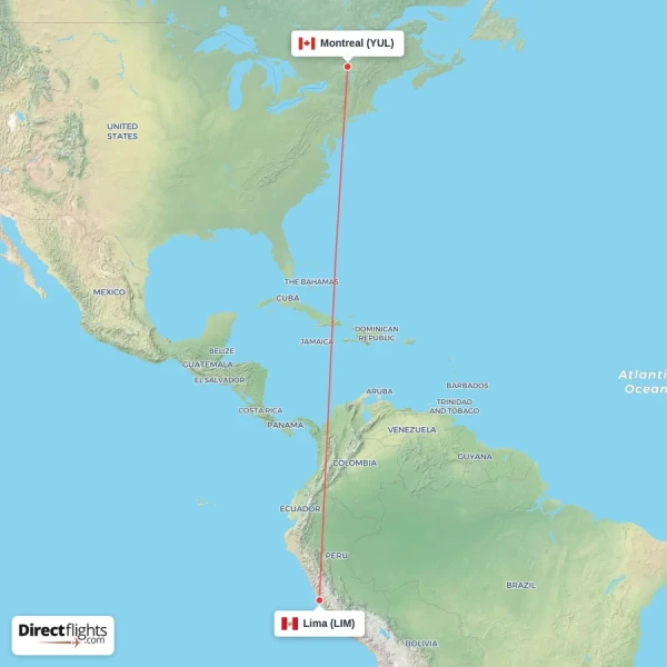 Lima - Montreal direct flight map