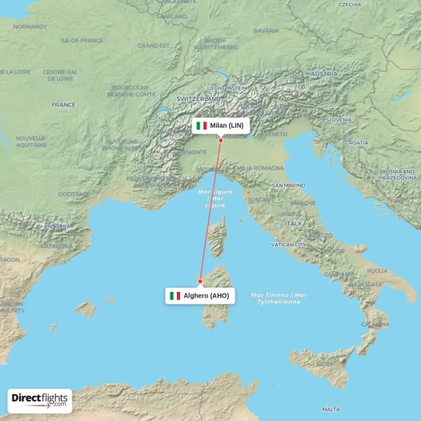 Milan - Alghero direct flight map