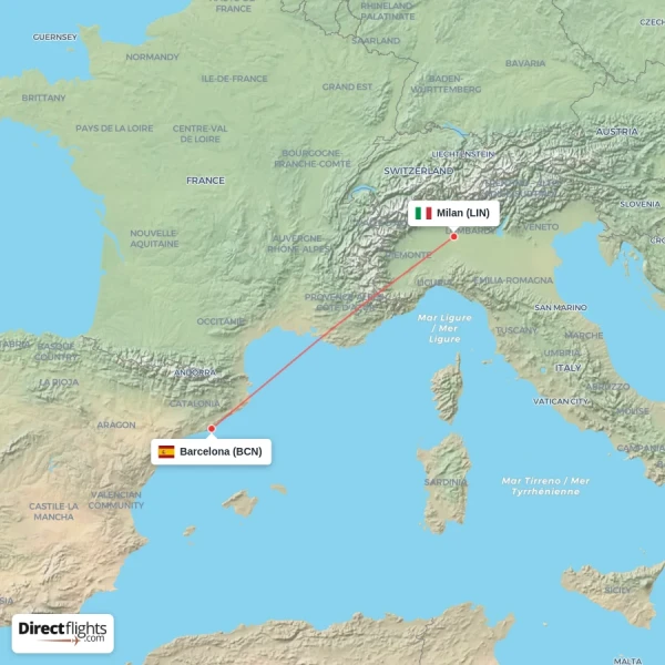 Milan - Barcelona direct flight map