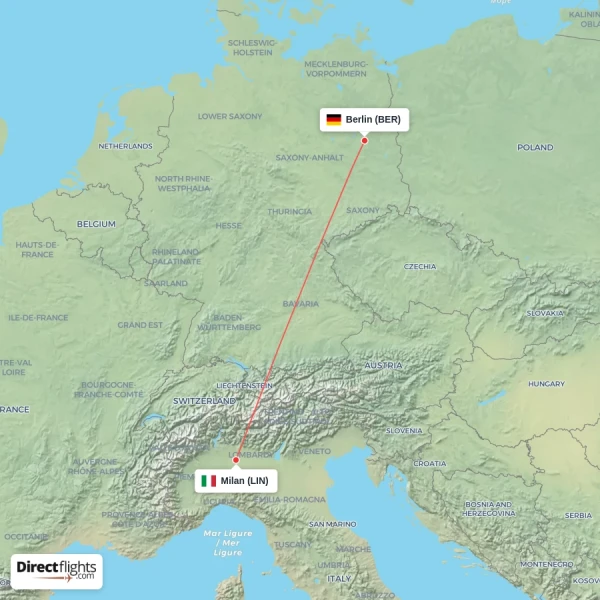 Milan - Berlin direct flight map