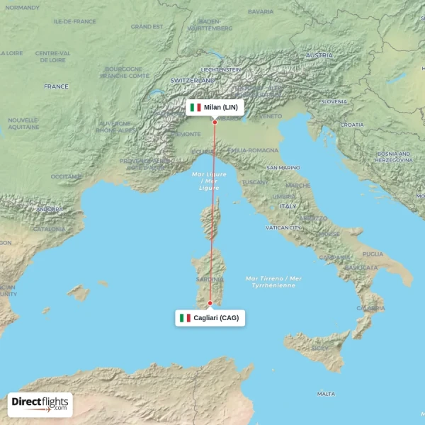 Milan - Cagliari direct flight map