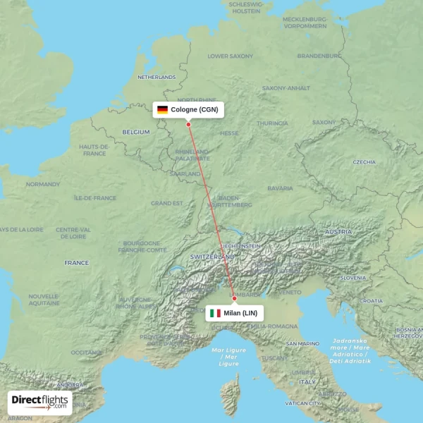 Milan - Cologne direct flight map