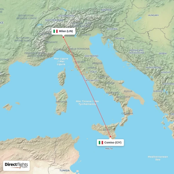 Milan - Comiso direct flight map