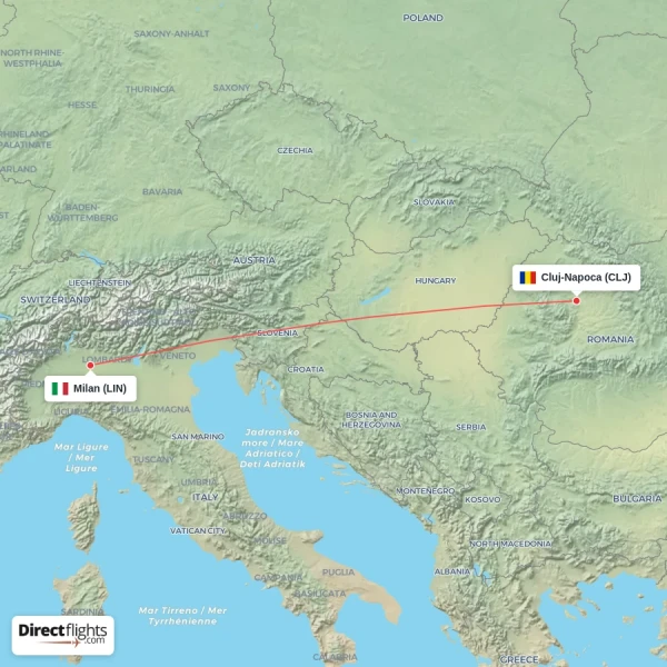 Milan - Cluj-Napoca direct flight map