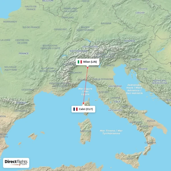 Milan - Calvi direct flight map