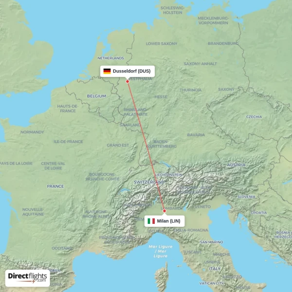 Milan - Dusseldorf direct flight map