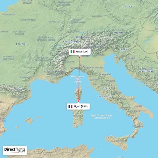 Milan - Figari direct flight map