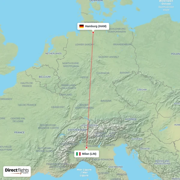 Milan - Hamburg direct flight map