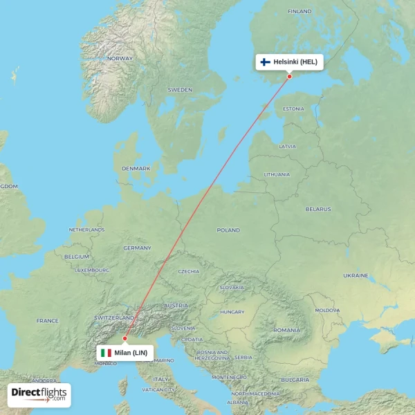 Milan - Helsinki direct flight map