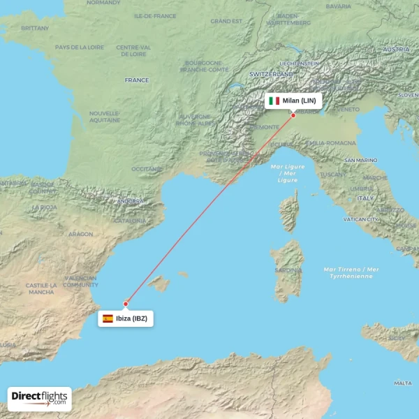 Milan - Ibiza direct flight map
