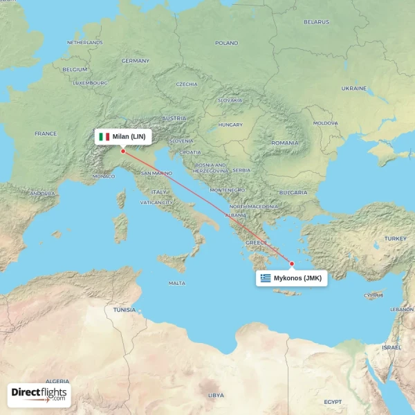 Milan - Mykonos direct flight map