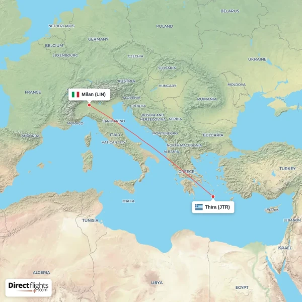 Milan - Thira direct flight map