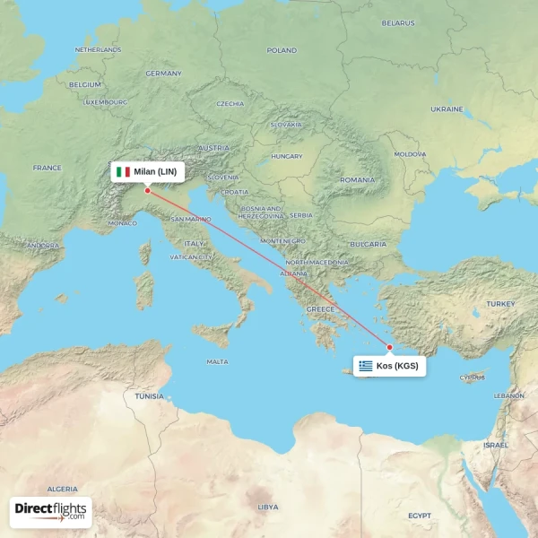 Milan - Kos direct flight map