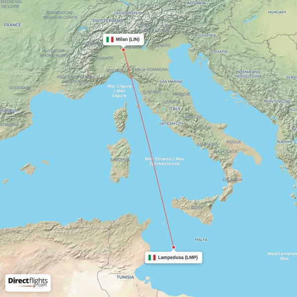 Milan - Lampedusa direct flight map