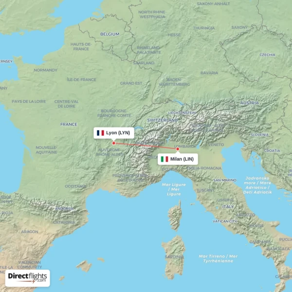 Milan - Lyon direct flight map