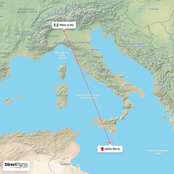 Milan - Malta direct flight map