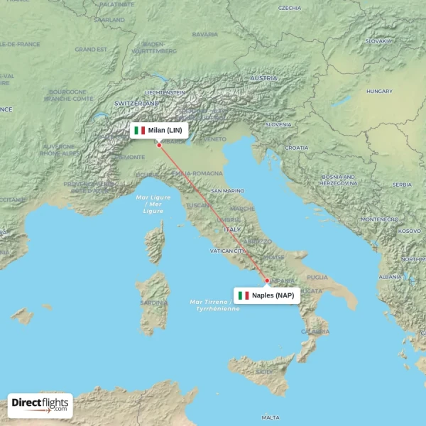 Milan - Naples direct flight map