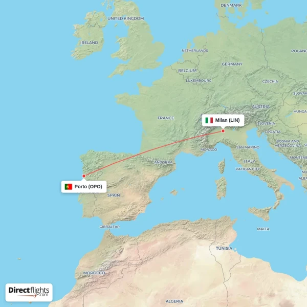 Milan - Porto direct flight map