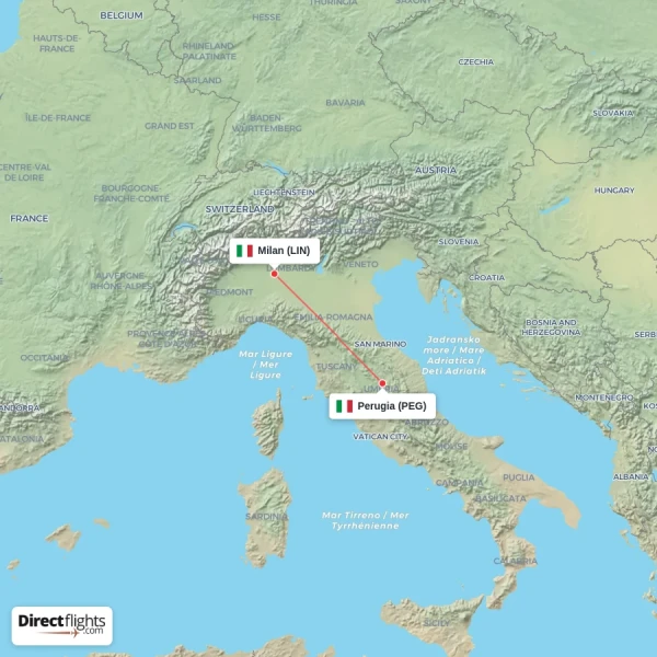 Milan - Perugia direct flight map