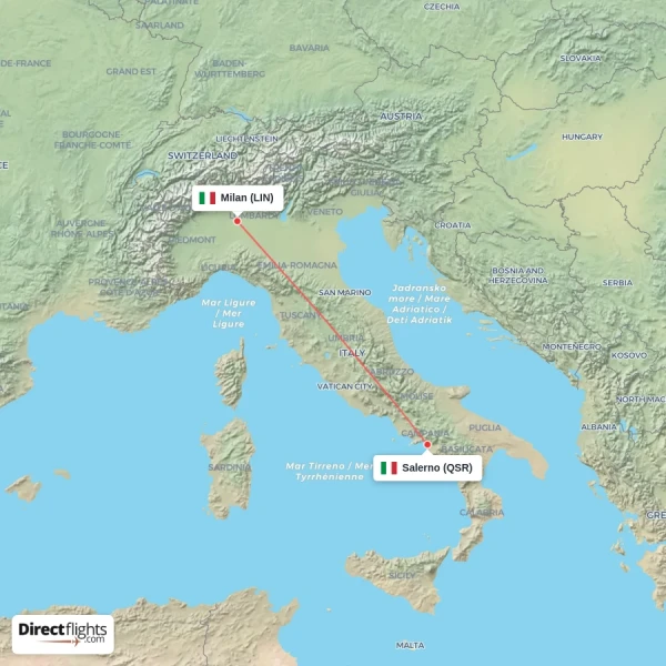 Milan - Salerno direct flight map