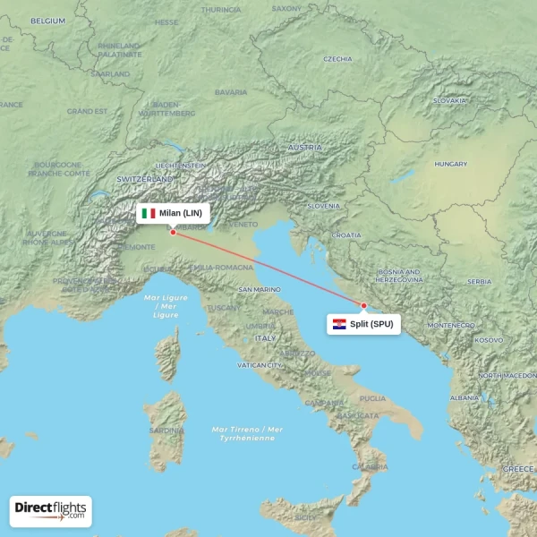 Milan - Split direct flight map
