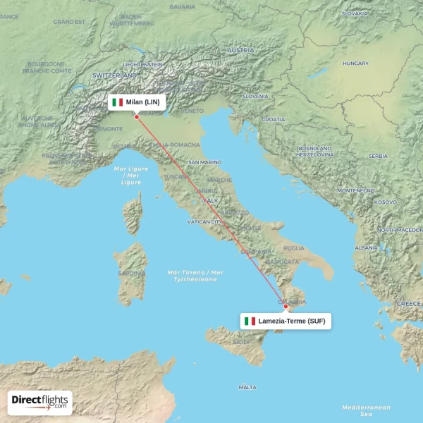 Milan - Lamezia-Terme direct flight map