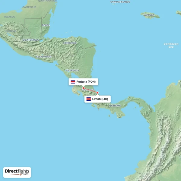 Limon - Fortuna direct flight map