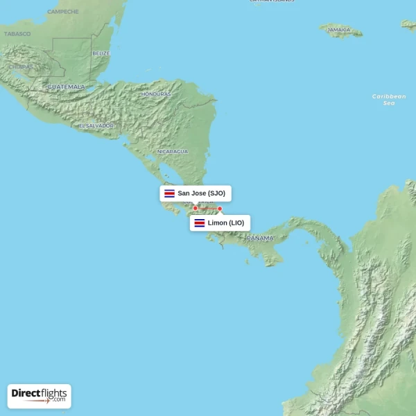 Limon - San Jose direct flight map