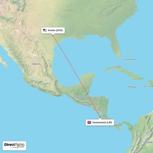 Guanacaste - Austin direct flight map