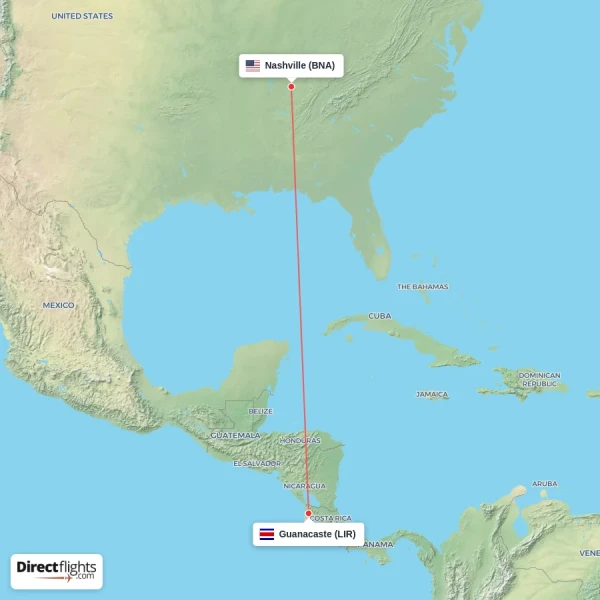 Guanacaste - Nashville direct flight map