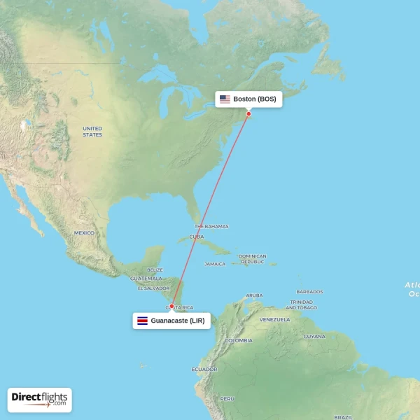 Guanacaste - Boston direct flight map