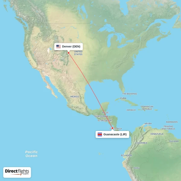 Guanacaste - Denver direct flight map