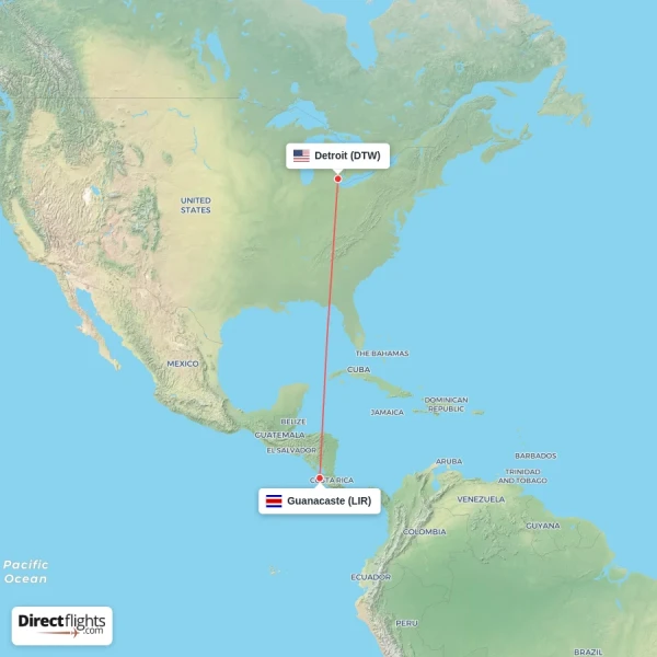 Guanacaste - Detroit direct flight map