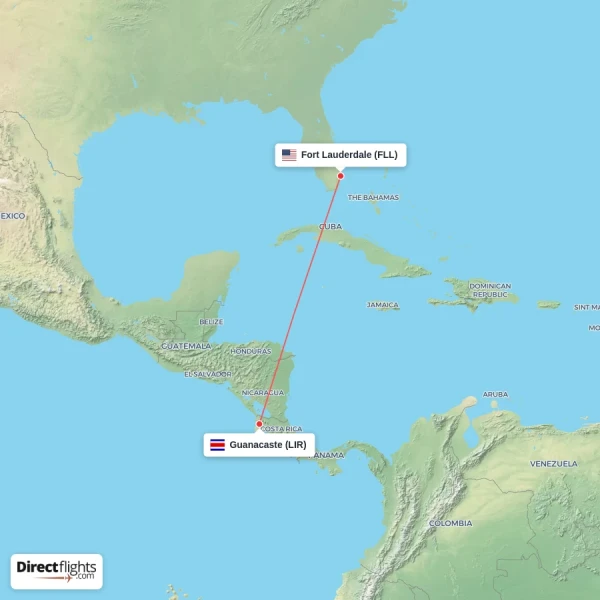 Guanacaste - Fort Lauderdale direct flight map