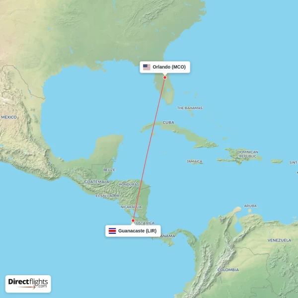 Guanacaste - Orlando direct flight map