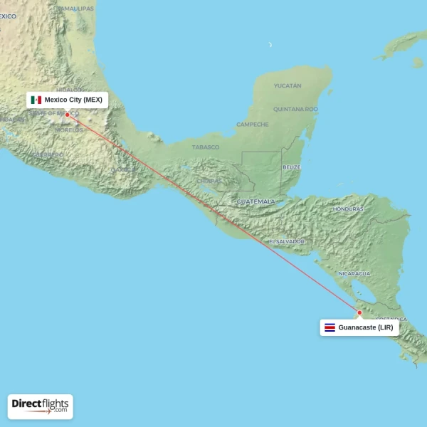Guanacaste - Mexico City direct flight map