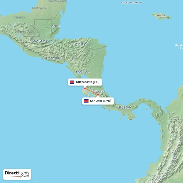 Guanacaste - San Jose direct flight map