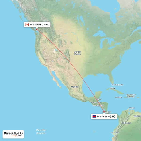 Guanacaste - Vancouver direct flight map