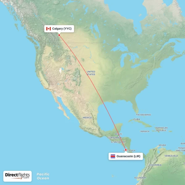 Guanacaste - Calgary direct flight map