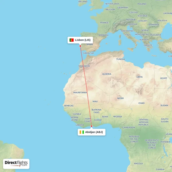 Lisbon - Abidjan direct flight map
