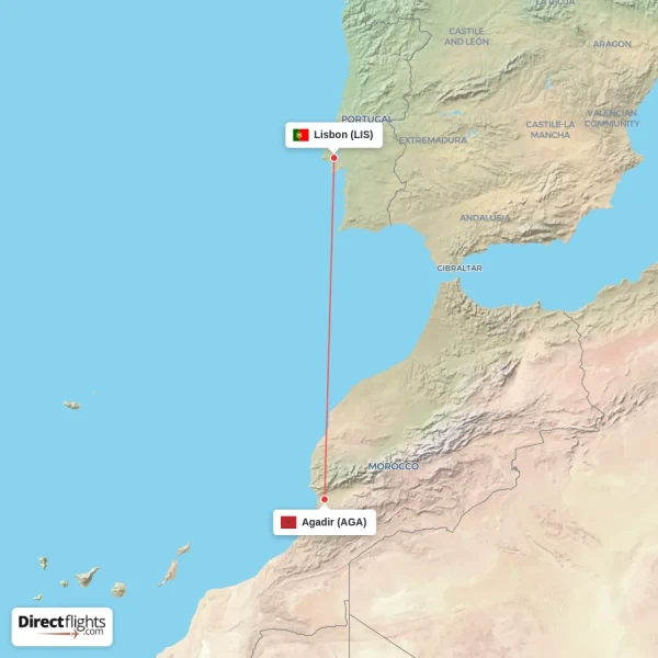 Lisbon - Agadir direct flight map