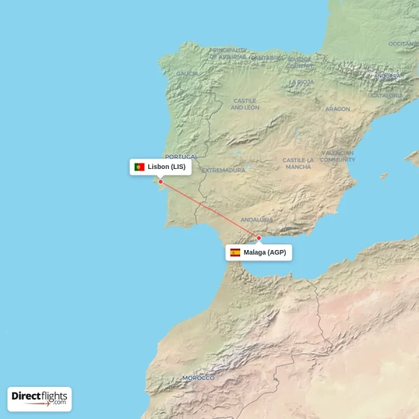 Lisbon - Malaga direct flight map