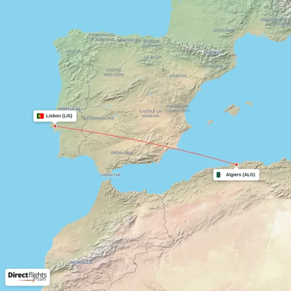 Lisbon - Algiers direct flight map