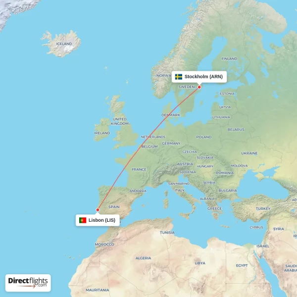 Lisbon - Stockholm direct flight map