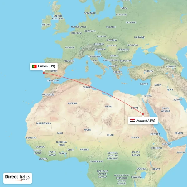 Lisbon - Aswan direct flight map